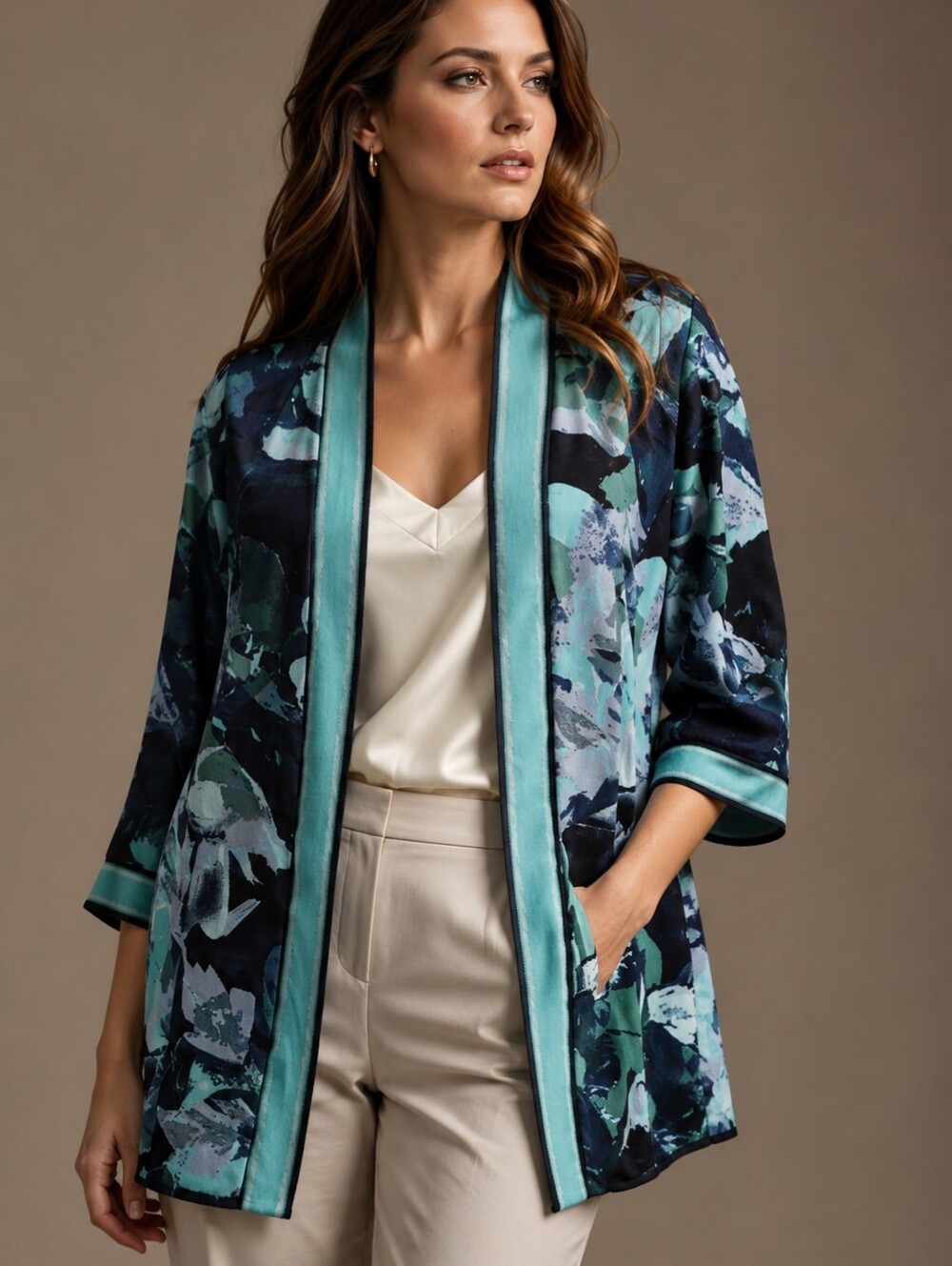 Bob Mackie Wearable Art Jacket XS Blue Aqua Watercolor Kimono Open Front